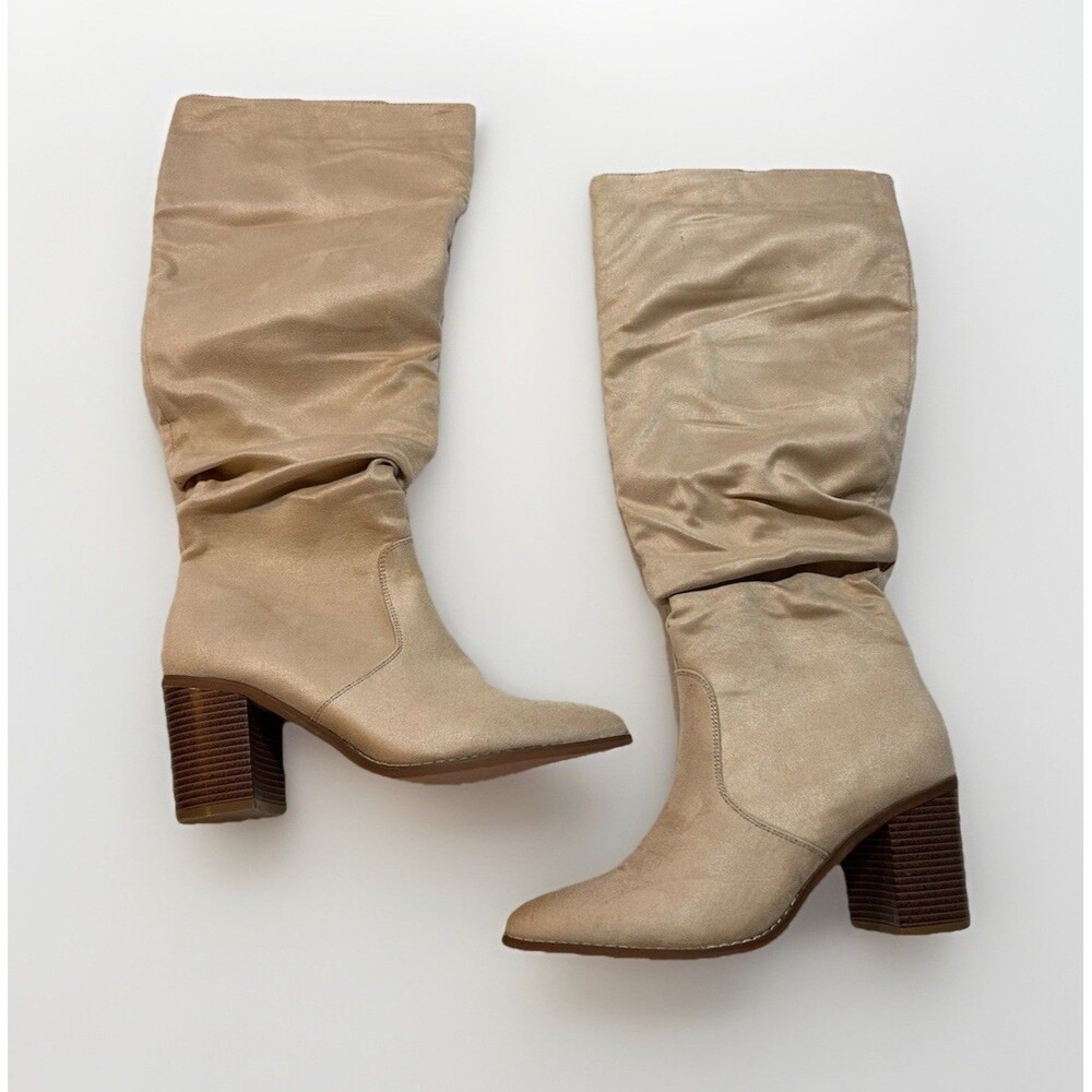 Tan Knee High Boots Womens 9.5 Pointed Toe Chunky Heel